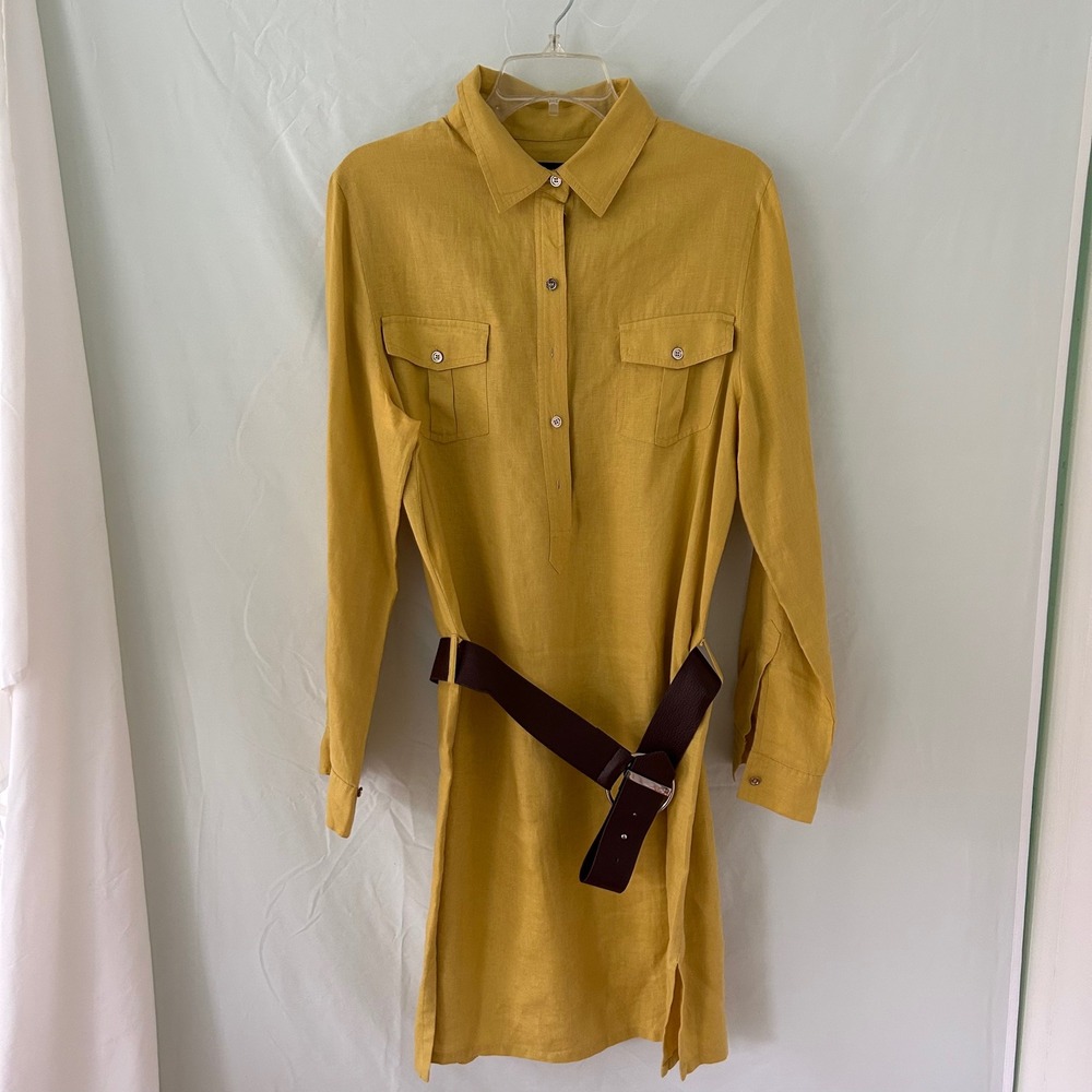 Jones New York Dress Size 10 Yellow Linen Blend Long Sleeve Shirt Dress‎